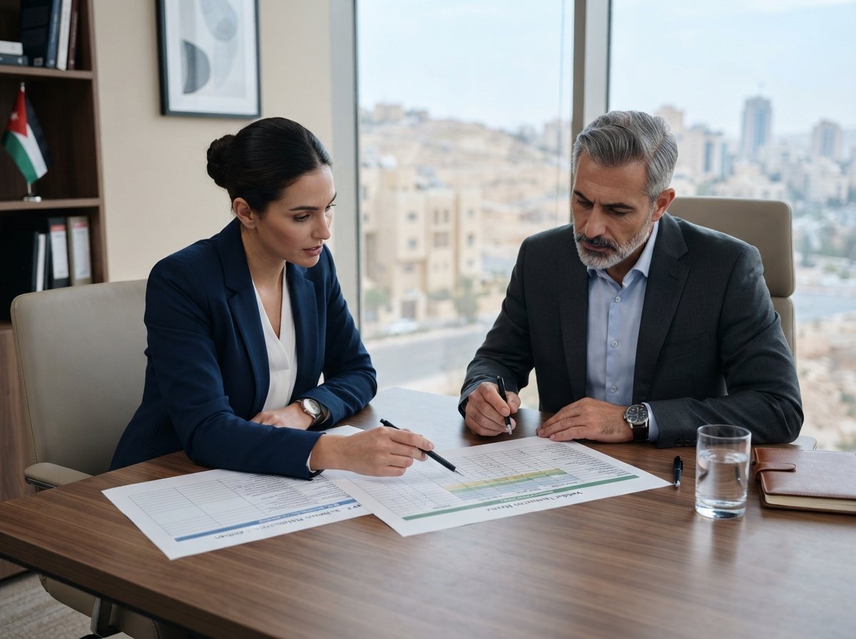 Two colleagues reviewing evaluation and scoring documents together at a desk