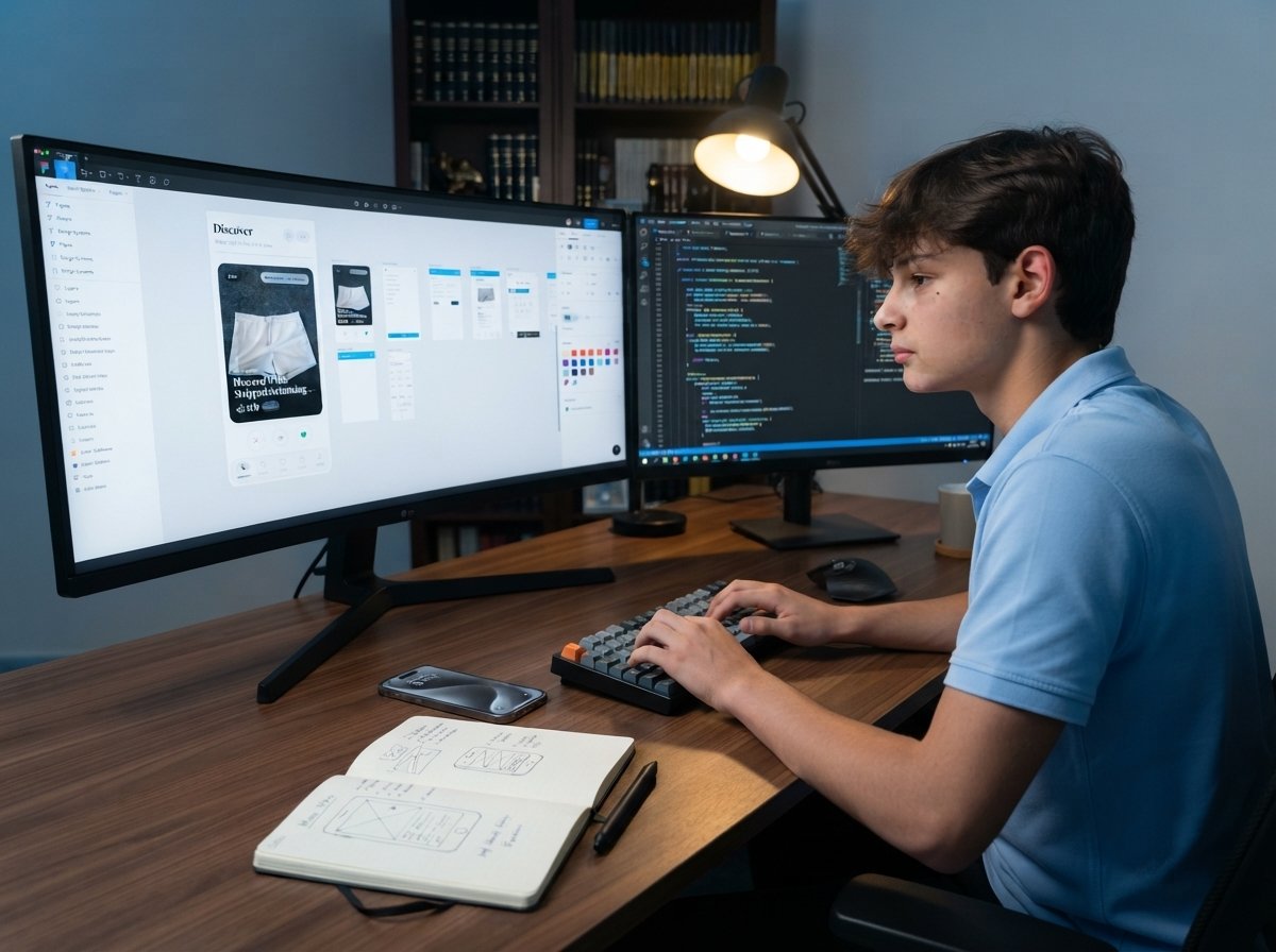 A designer working across two monitors, one showing app design mockups and the other showing code