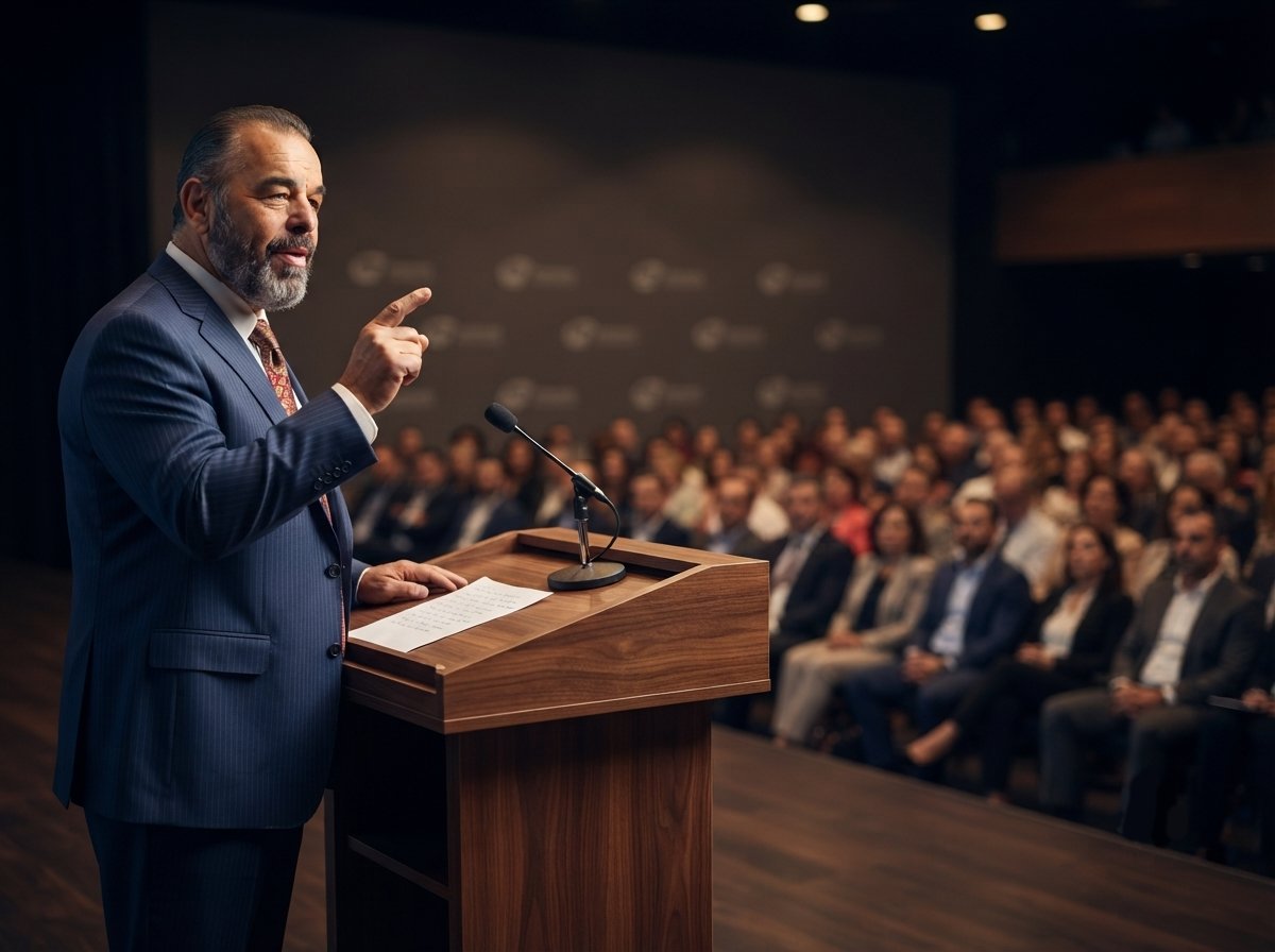 A speaker addressing an audience from a podium at a conference