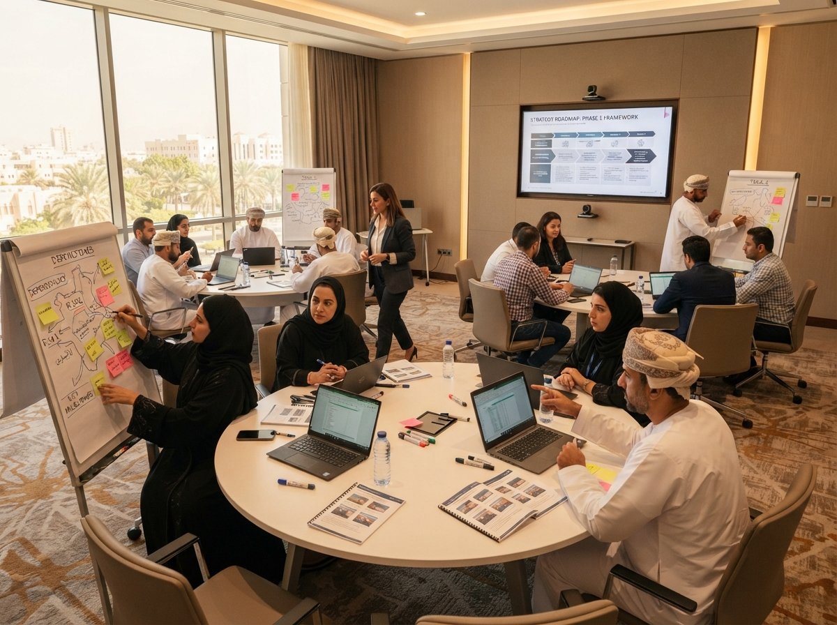 A multiday workshop session with staff working in small groups around round tables